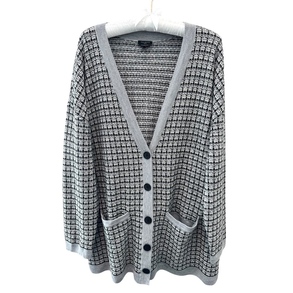 TALBOTS Black Gray Tweed Knit Cardigan Sweater Merino Wool Button Front | XL